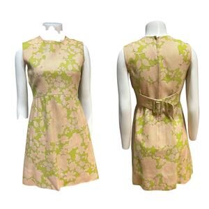 Vintage 60s Green & Pink Floral Brocade Mini Dress Mod Sleeveless Shift / XS -